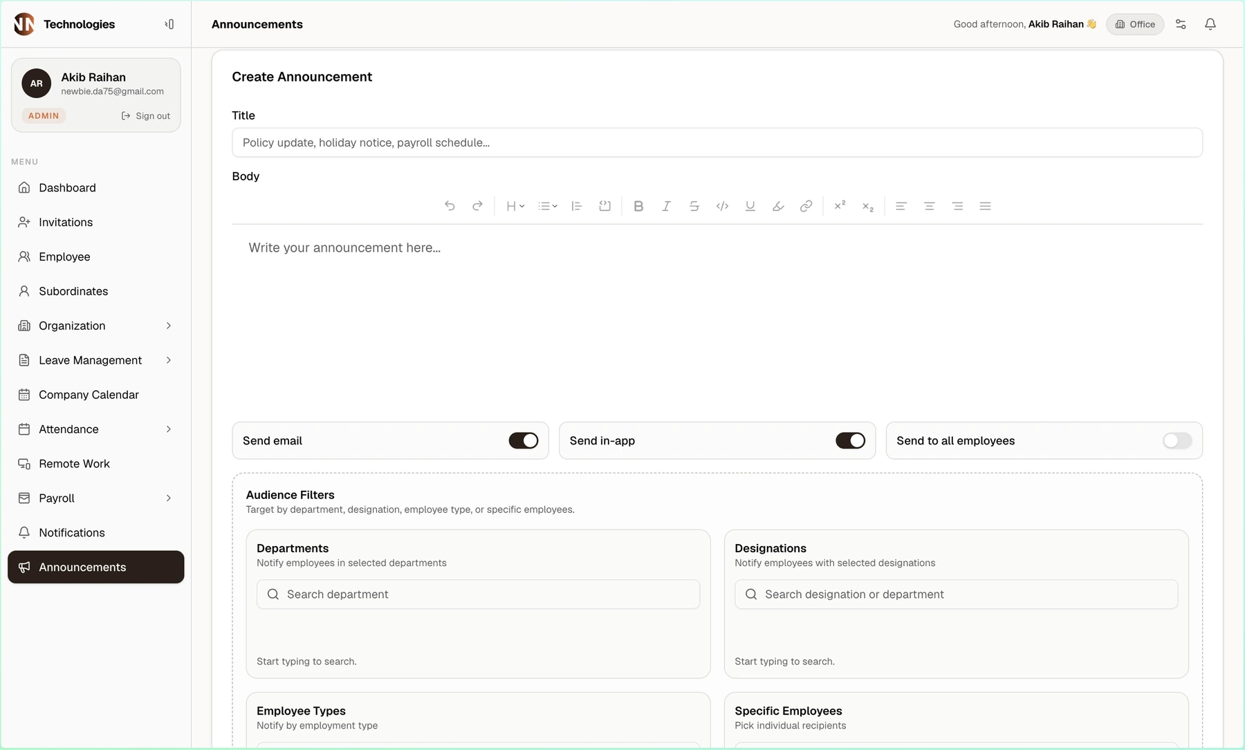 NNTECH HRM targeted announcement composer