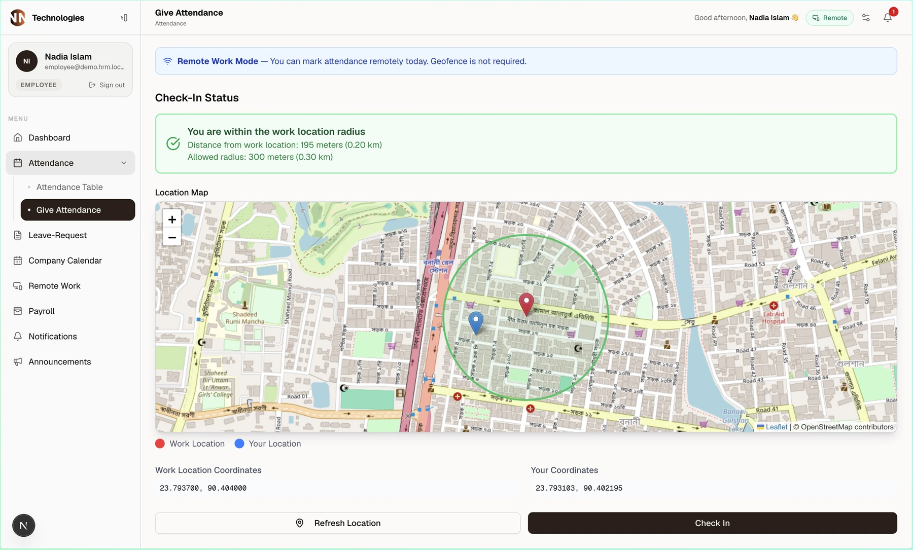 NNTECH HRM GPS attendance check-in map