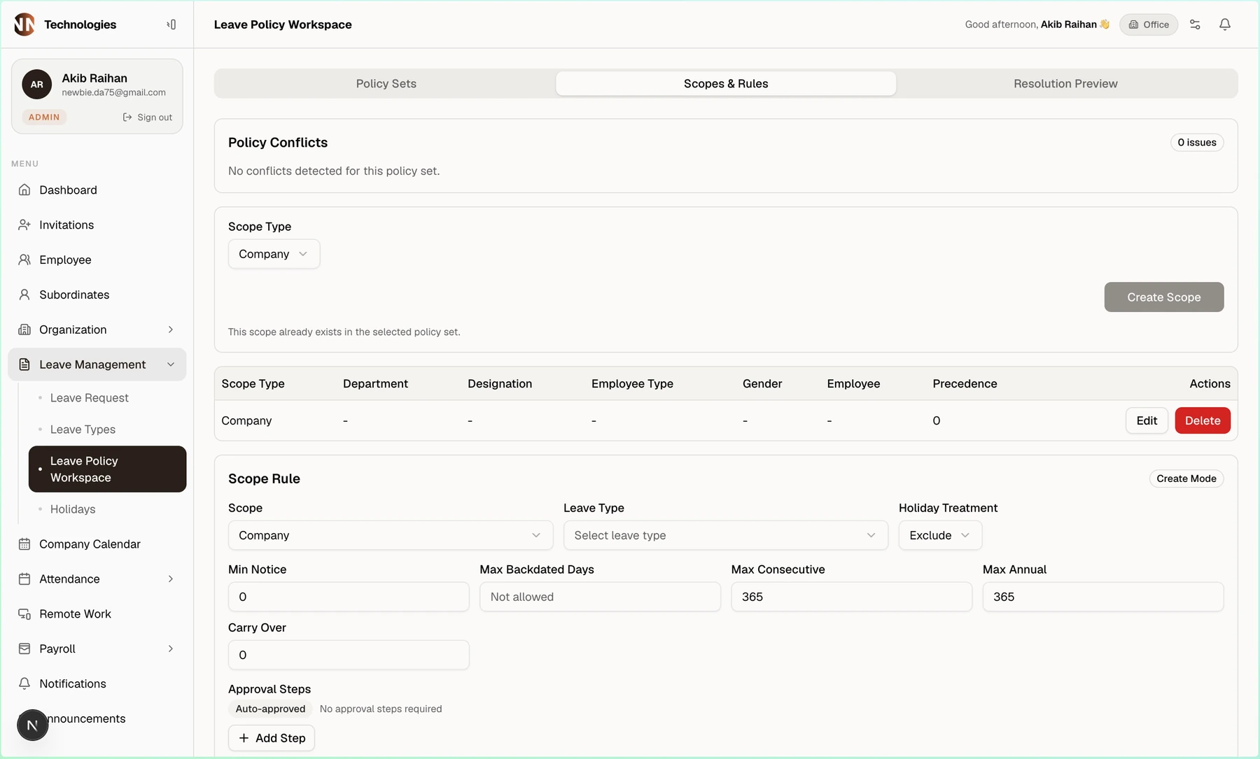 NNTECH HRM leave policy workspace
