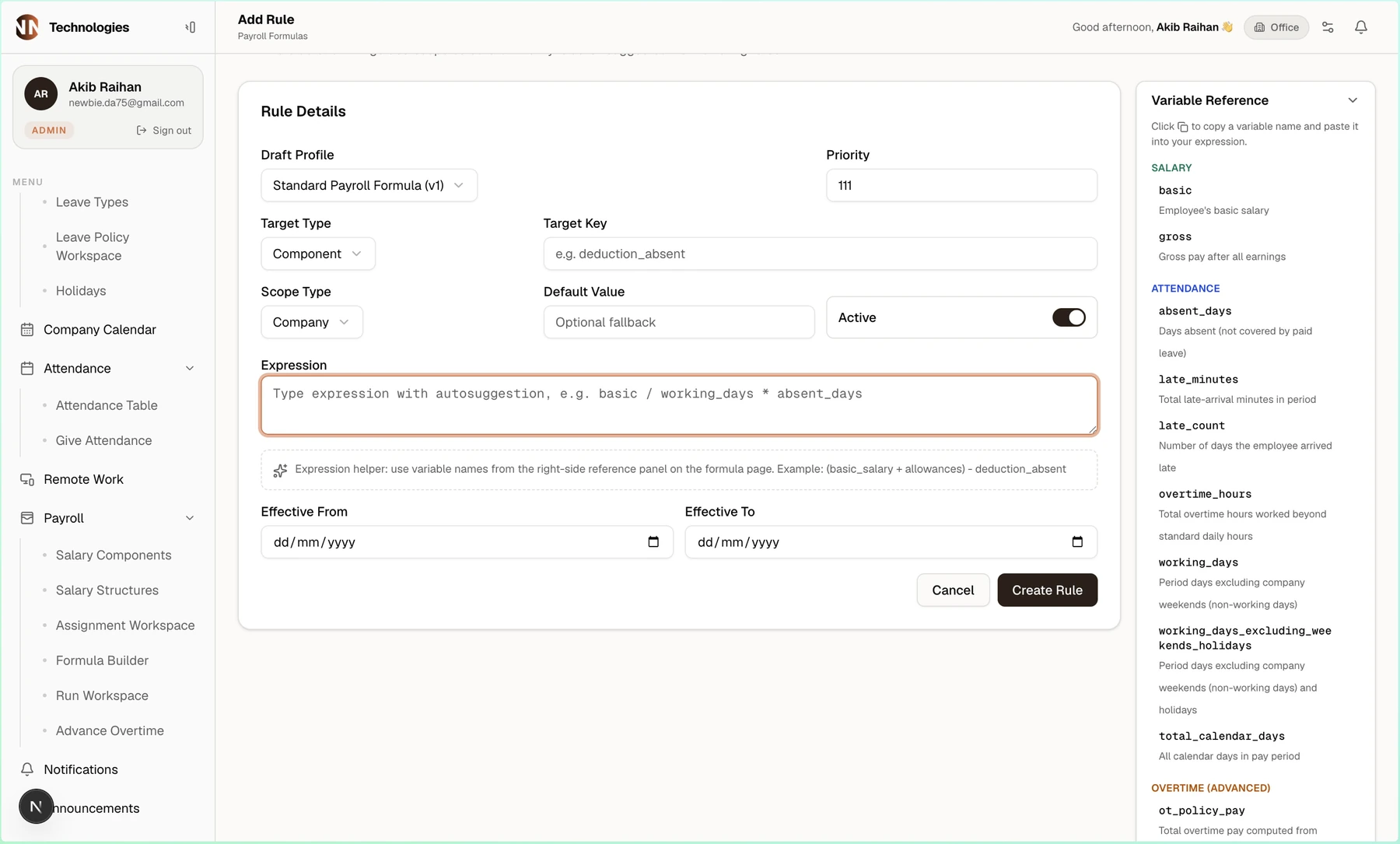 NNTECH HRM payroll formula builder